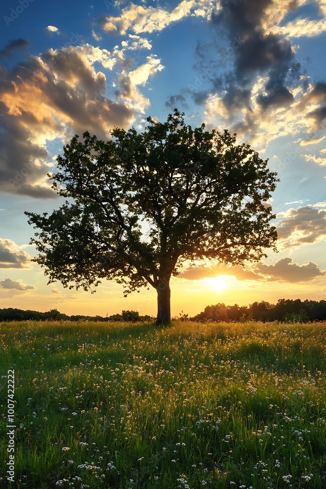 Fototapeta premium Silhouette of a Tree at Sunset with Colorful Sky and Meadow
