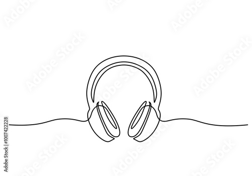 Headphones in one line drawing. Music and entertainment device concept.