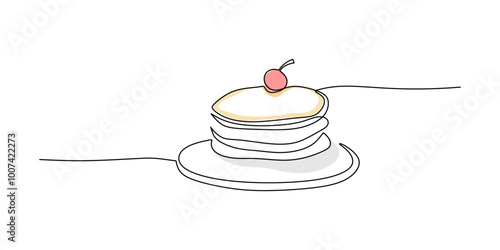 Pancakes with berries in one line drawing. Minimalist food illustration.
