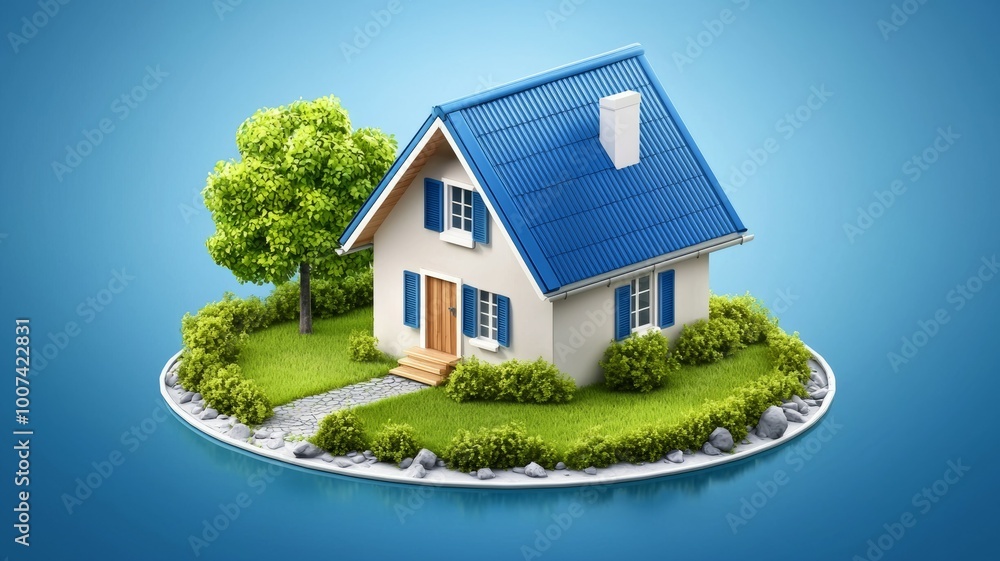 A blue house with a white roof and a tree in front of it A blue house with a white roof and a tree in front of it