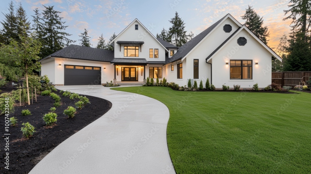 A large house with a driveway and a grassy lawn A large house with a driveway and a grassy lawn