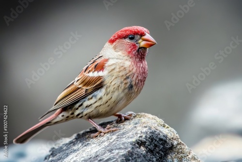 On Mount Cheget, Caucasus, Russia, an old male Great rosefinch (Carpodacus rubicilla) perches on a rock. photo