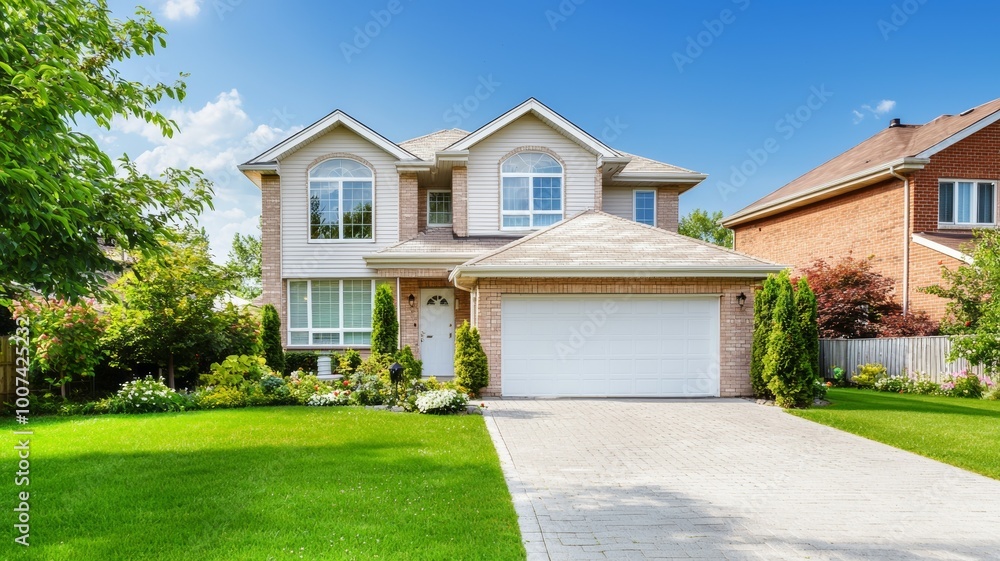 A large house with a white garage door and a white roof A large house with a white garage door and a white roof