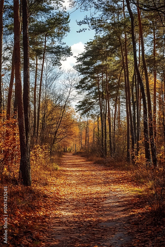 Fototapeta premium Autumn Path Through Sun Dappled Forest