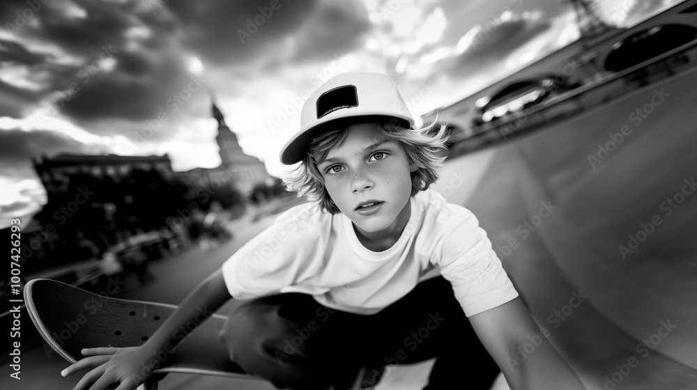Black and white portrait of a skater boy in a baseball cap and t-shirt ...