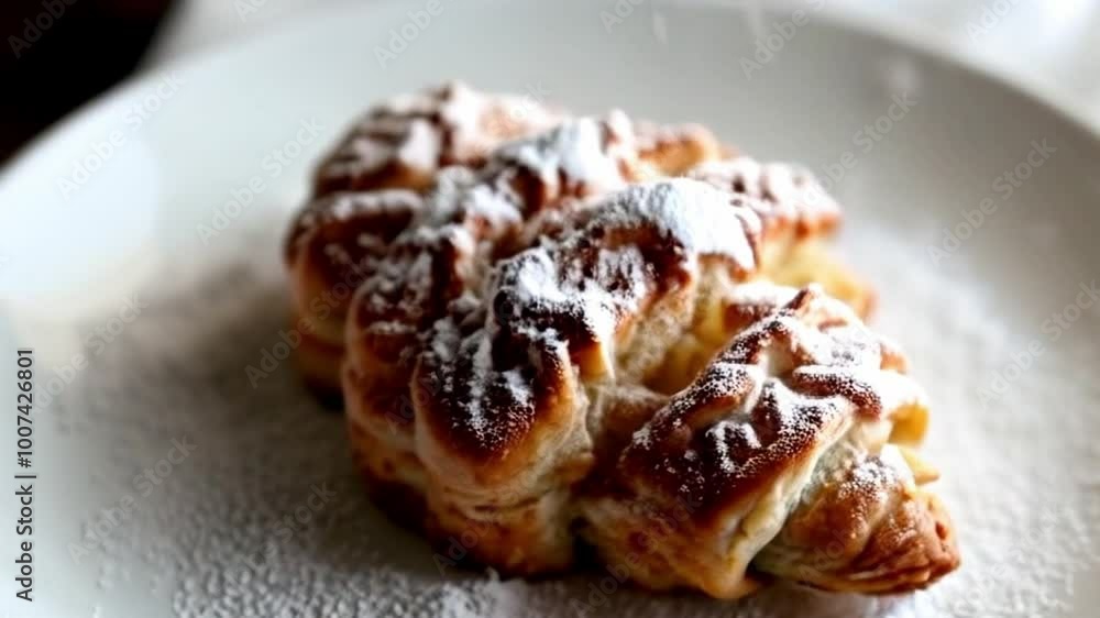 Slow-Motion Shot of Powdered Sugar Sprinkling Over Pastry with Cross-Dissolve Slow-Motion Shot of Powdered Sugar Sprinkling Over Pastry with Cross-Dissolve
