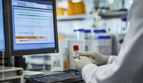 Wallpaper Mural AI generator image of advanced analytical equipment in a modern pharmaceutical laboratory. The image highlights a detailed view of a vial of medication held by a scientist in a white lab coat, Torontodigital.ca