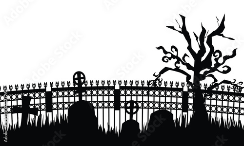 Silhouette horror cemetery with fence element decoration background design