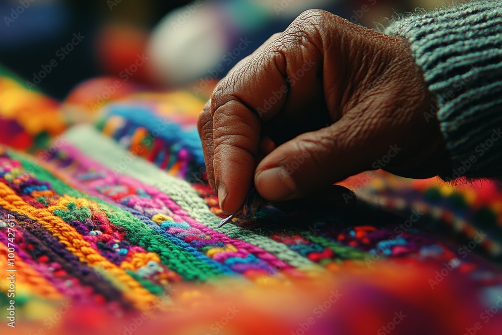In the Andes Mountains, Peru, South America, a woman holds colorful woven fabrics in her hand In the Andes Mountains, Peru, South America, a woman holds colorful woven fabrics in her hand