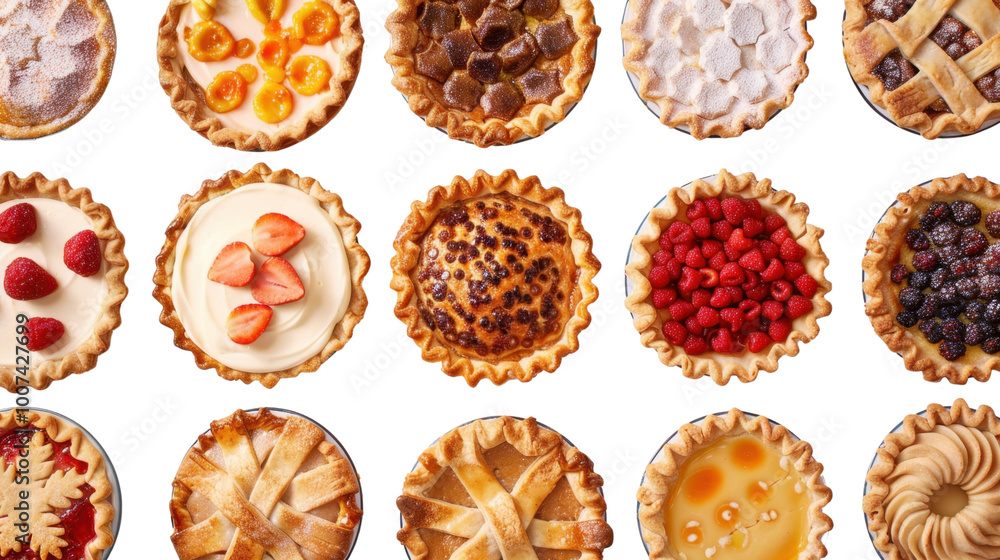 Delicious holiday pies with colorful toppings on white background Delicious holiday pies with colorful toppings on white background