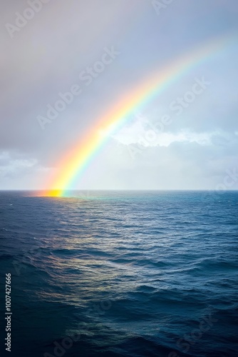 During a rainbow over the Pacific Ocean, dark clouds surround it.