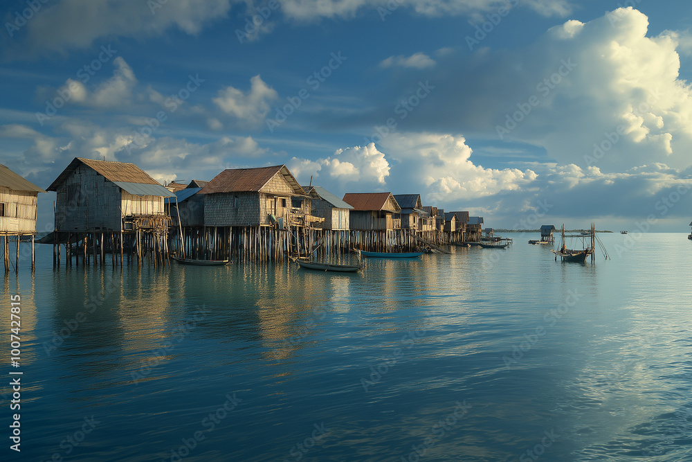 AI generator image of coastal village built on stilts to adapt to rising sea levels, with houses elevated above the water