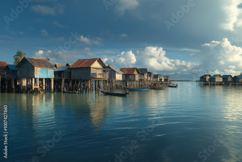 AI generator image of coastal village built on stilts to adapt to rising sea levels, with houses elevated above the water