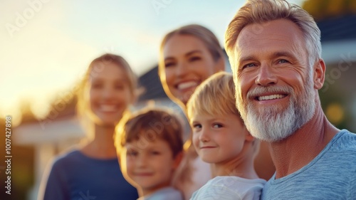 A family of five, including a man with a beard, are smiling