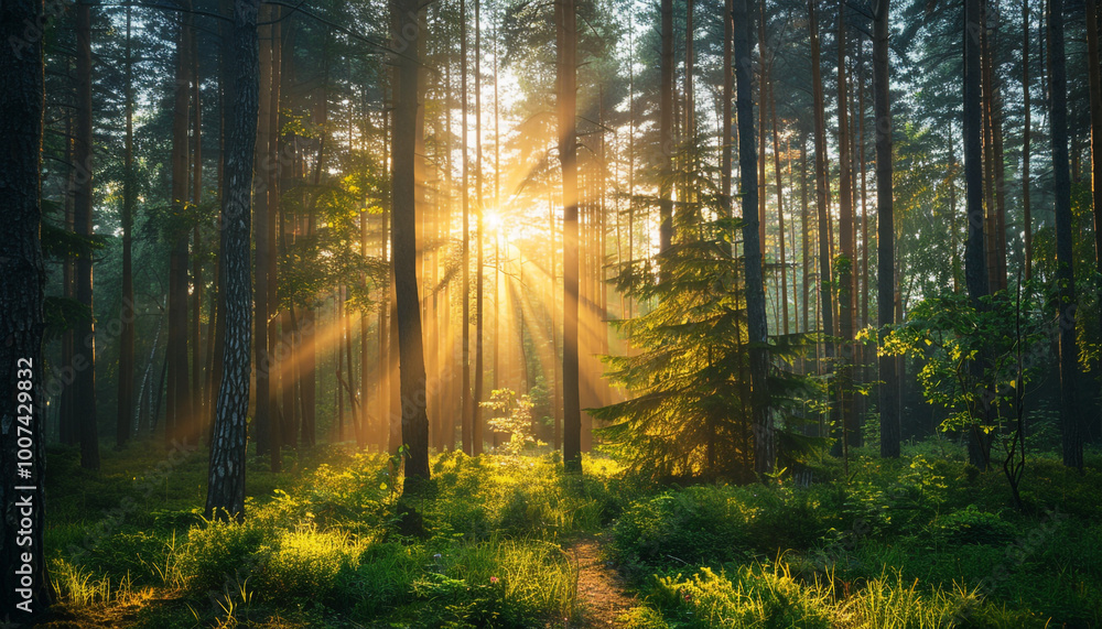 Obraz premium sunlight-dappled-tall-pine-trees-warm-forest-scenery