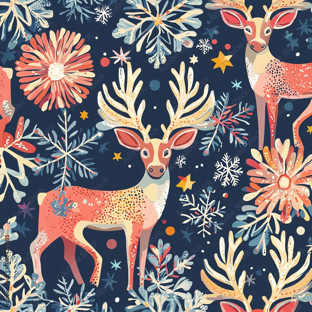 A delightful seamless pattern featuring reindeer with decorative antlers, snowflakes, and stars scattered throughout, capturing the magic of Christmas in bright colors A delightful seamless pattern featuring reindeer with decorative antlers, snowflakes, and stars scattered throughout, capturing the magic of Christmas in bright colors