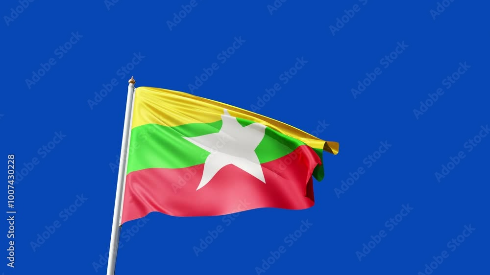 flag of myanmar on a blue screen, no background, transparent background, waving in the wind, national symbol of myanmar, asian country, tall flagpole, video of a flag flag of myanmar on a blue screen, no background, transparent background, waving in the wind, national symbol of myanmar, asian country, tall flagpole, video of a flag