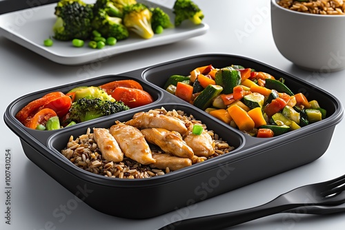 A meal prep layout with easy-to-carry containers, packed with healthy meals like stir-fried chicken, brown rice, and sautÃ©ed vegetables. photo