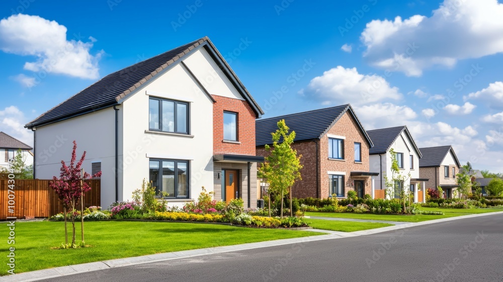 A row of houses with a white house in the middle A row of houses with a white house in the middle