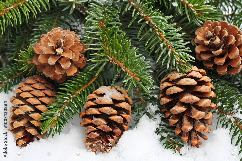 Fototapeta premium white-snow-background-pine-branches-cones-vibrant-winter-scene