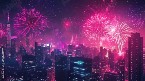 Pink Fireworks Display Over City Skyline