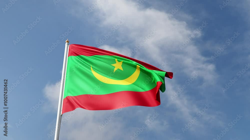 Flag of Mauritania on a blue sky, flag on a flag pole waving in the wind, african country, national symbol of Mauritania, video of a flag Flag of Mauritania on a blue sky, flag on a flag pole waving in the wind, african country, national symbol of Mauritania, video of a flag