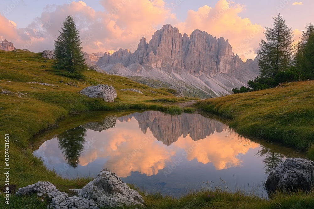 Obraz premium In spring, dramatic sunset colors at an idyllic alpine lake.