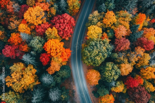 German Baden-Württemberg, aerial view of autumn forest in Schurwald range along a dirt road photo