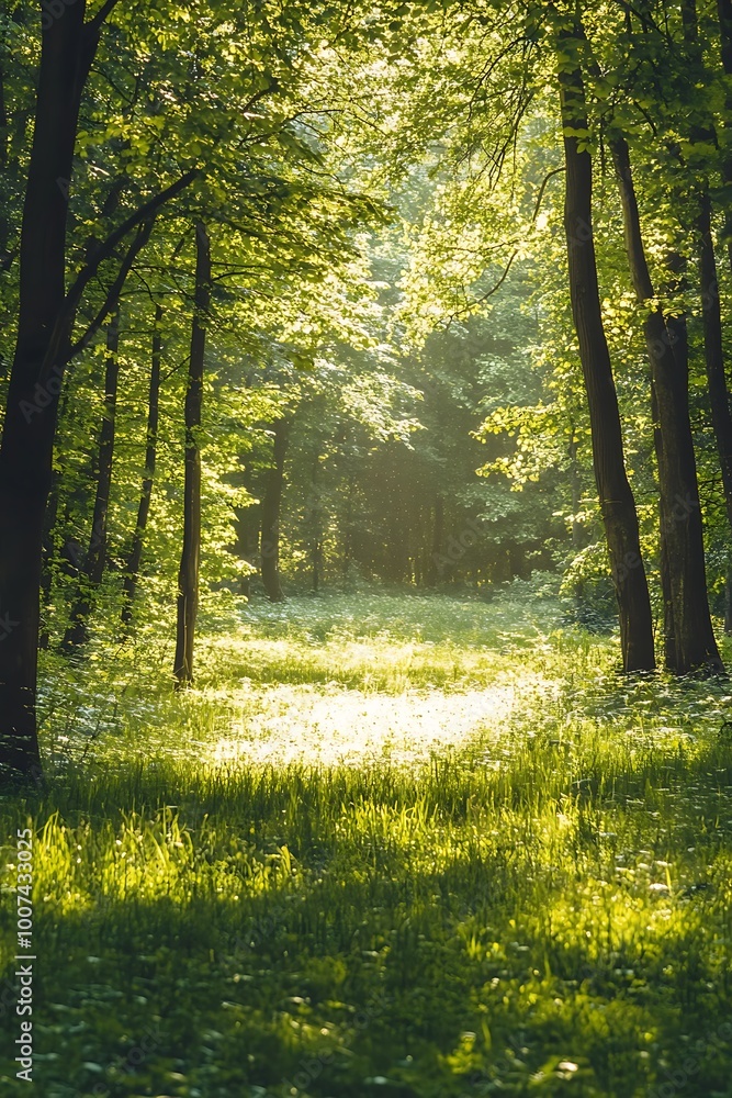 Fototapeta premium Sunbeams shining through trees in a lush green forest
