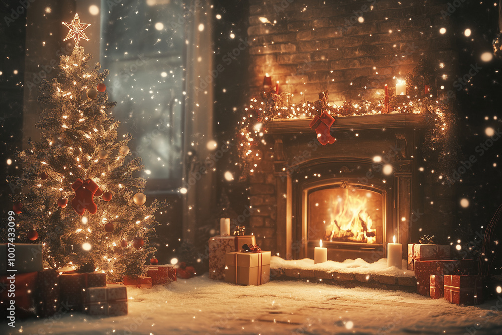 Cozy Christmas by the Fireplace with Glowing Tree