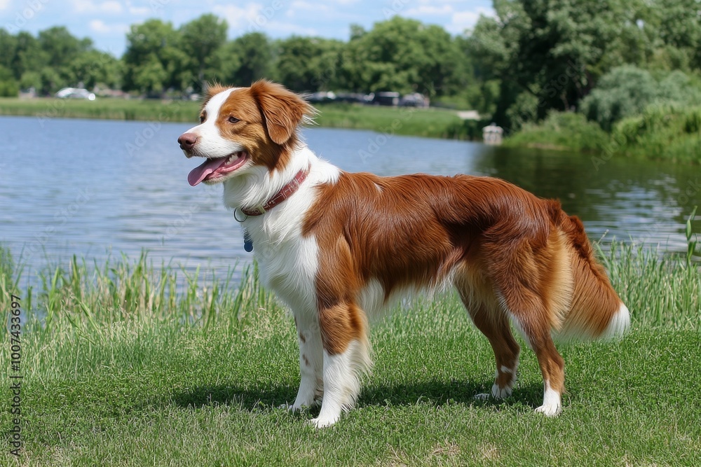 Fototapeta premium The miniature Australian Shepherd dog is standing with a red-tri color coat