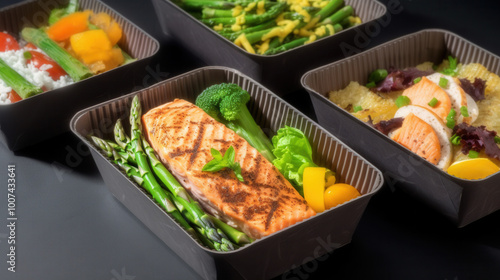 Variety of healthy meal prep dishes with grilled salmon and vegetables