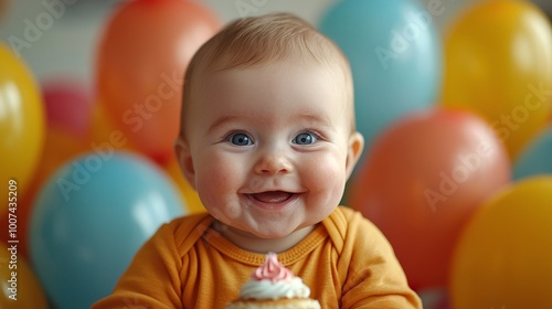 A joyful baby with a cupcake, surrounded by colorful balloons, celebrating a special occasion.