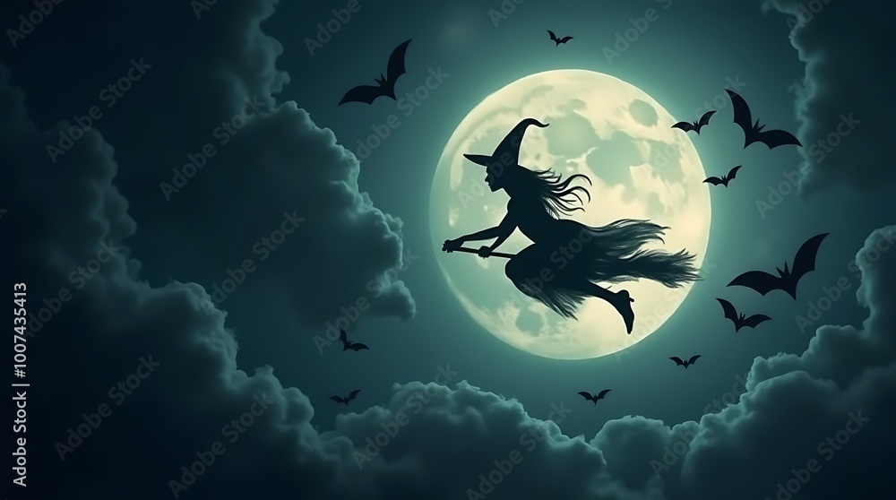 Witch Flying Across the Moon, Silhouetted Against a Dark Sky Filled with Swirling Clouds and Bats Witch Flying Across the Moon, Silhouetted Against a Dark Sky Filled with Swirling Clouds and Bats