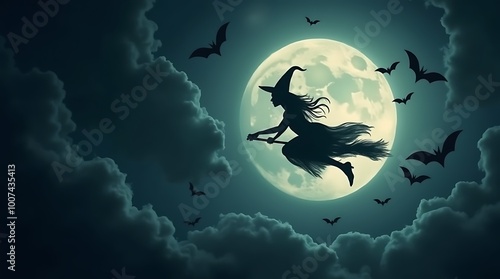 Witch Flying Across the Moon, Silhouetted Against a Dark Sky Filled with Swirling Clouds and Bats