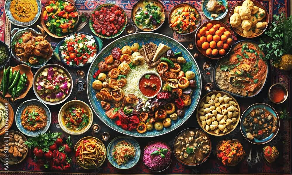 A Traditional Middle Eastern Feast with a Variety of Dishes A Traditional Middle Eastern Feast with a Variety of Dishes