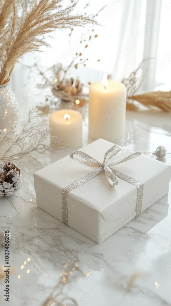 Elegant white gift box with silver ribbon on marble surface surrounded by candles and natural decor for christmas and new year gifts Elegant white gift box with silver ribbon on marble surface surrounded by candles and natural decor for christmas and new year gifts