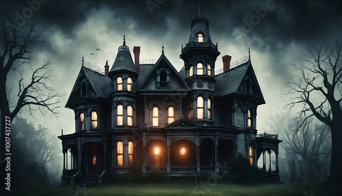 Spooky old mansion with eerie lighting at night surrounded by dark trees