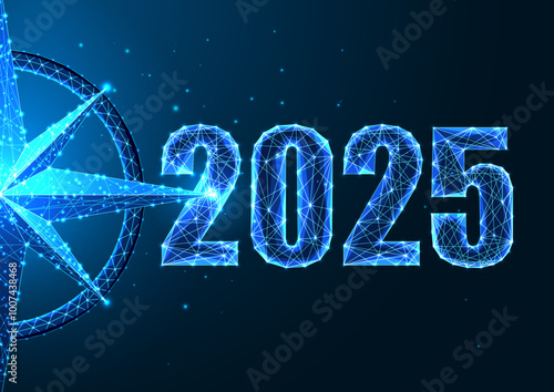2025 vision New Year concept banner. Glowing 2025 digits and compass symbol on dark blue background.