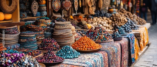 Colorful display of handmade crafts in a market