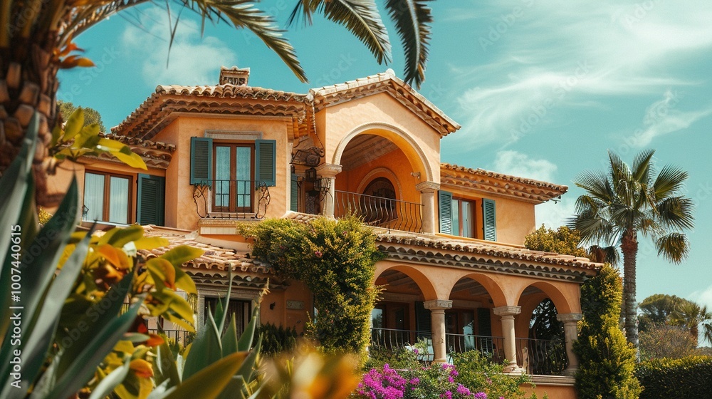 Mediterranean Villa with Lush Greenery and Palm Trees Mediterranean Villa with Lush Greenery and Palm Trees