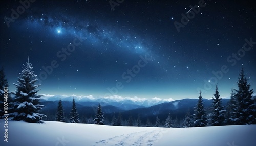 Serene winter landscape under a starry night sky with snow-covered mountains