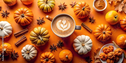 pumpkin spice latte on vibrant orange background with backspace