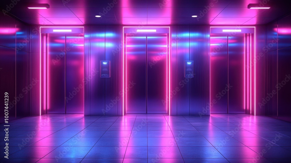 elevator doors, modern and futuristic, purple background, neon lights, background elevator doors, modern and futuristic, purple background, neon lights, background