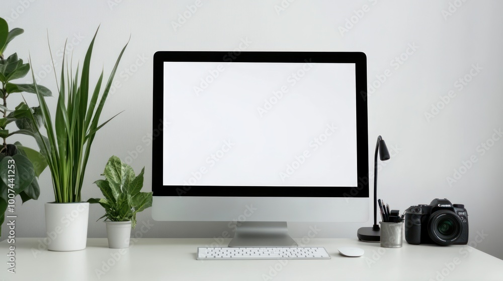 Modern Workspace with Blank Computer Screen Modern Workspace with Blank Computer Screen