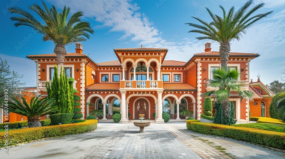 Ornate Mediterranean-style Villa with Palm Trees and Stone Driveway Ornate Mediterranean-style Villa with Palm Trees and Stone Driveway