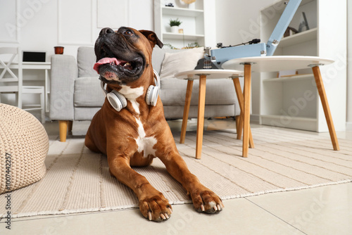 Boxer dog with headphones a...