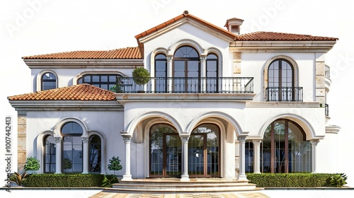 White Mediterranean-Style Mansion with Arched Windows and Balconies