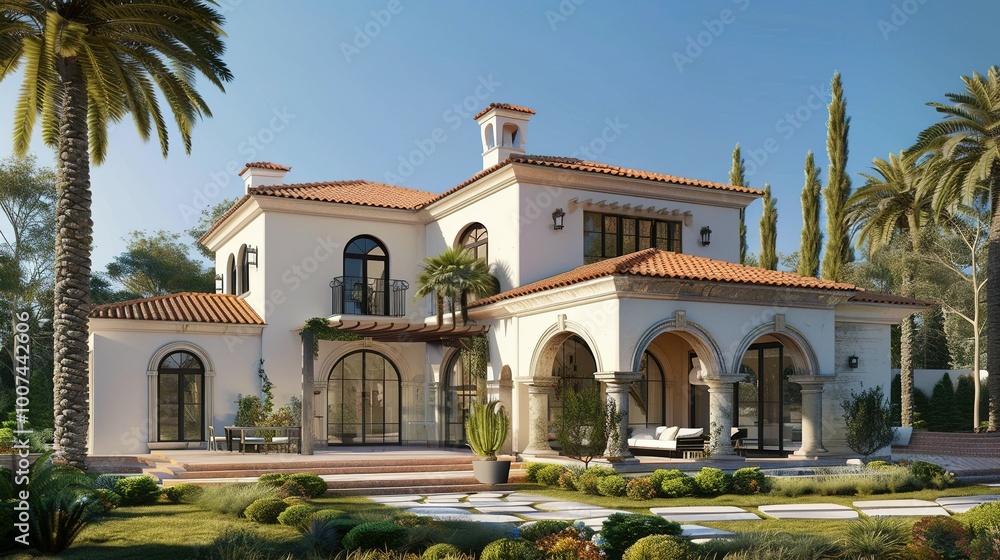 Mediterranean-Style Villa with Palm Trees and Landscaped Garden Mediterranean-Style Villa with Palm Trees and Landscaped Garden