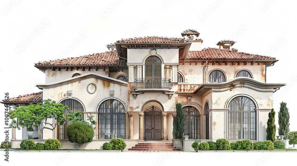 A large, white, Mediterranean-style mansion with a tiled roof and manicured landscaping. A large, white, Mediterranean-style mansion with a tiled roof and manicured landscaping.